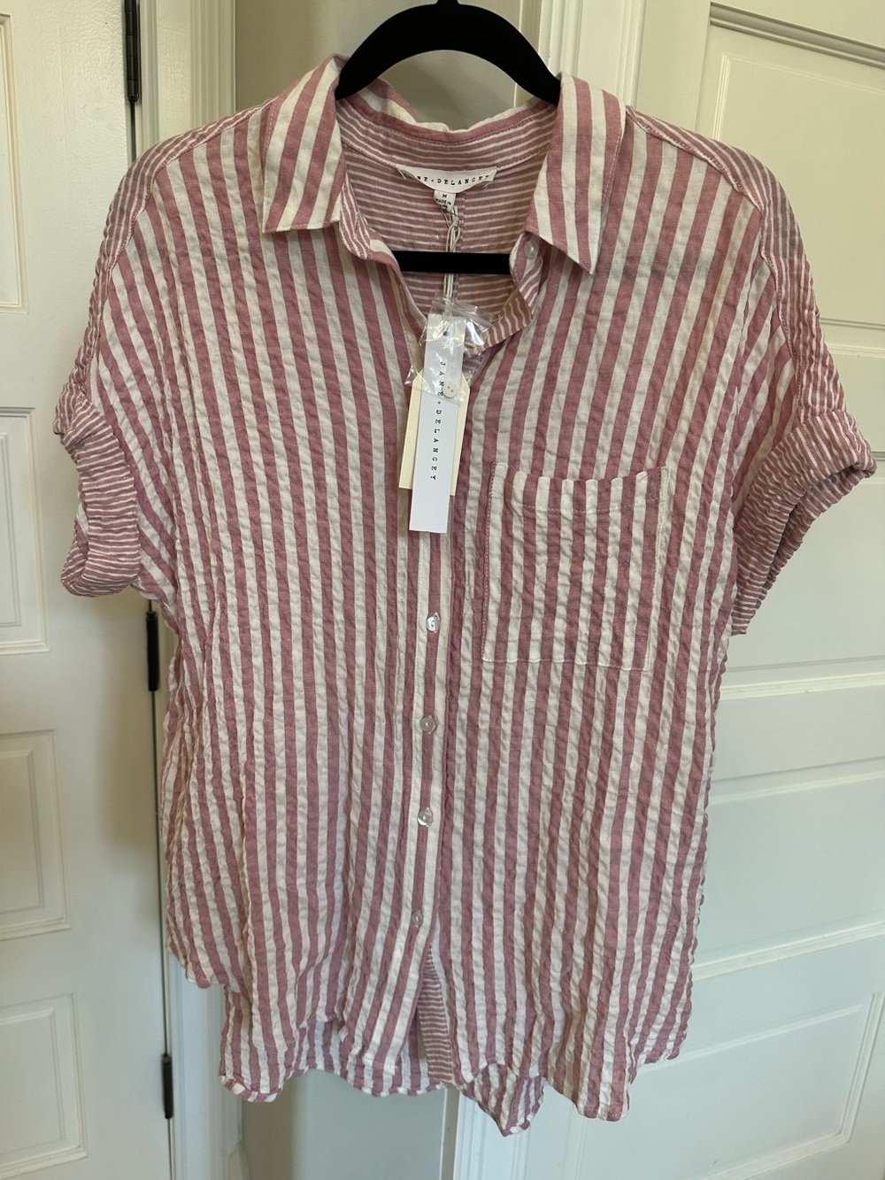 Jane + Delancey Womens M Striped Short-Sleeved Button Down Tunic Top Gauzy NEW